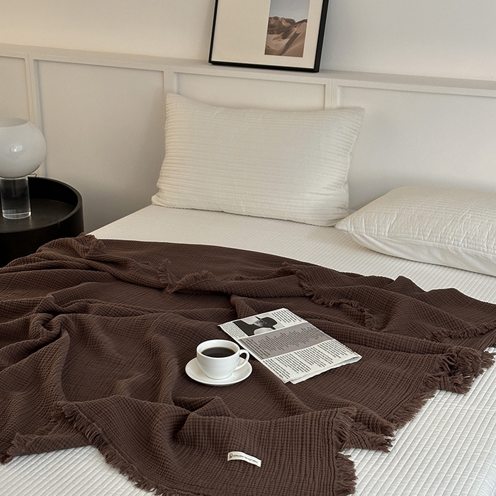 91家纺网 家纺一手货源 找家纺 山舍家居 2025年全棉四层纱布流苏盖毯夏被沙发巾 陶泥