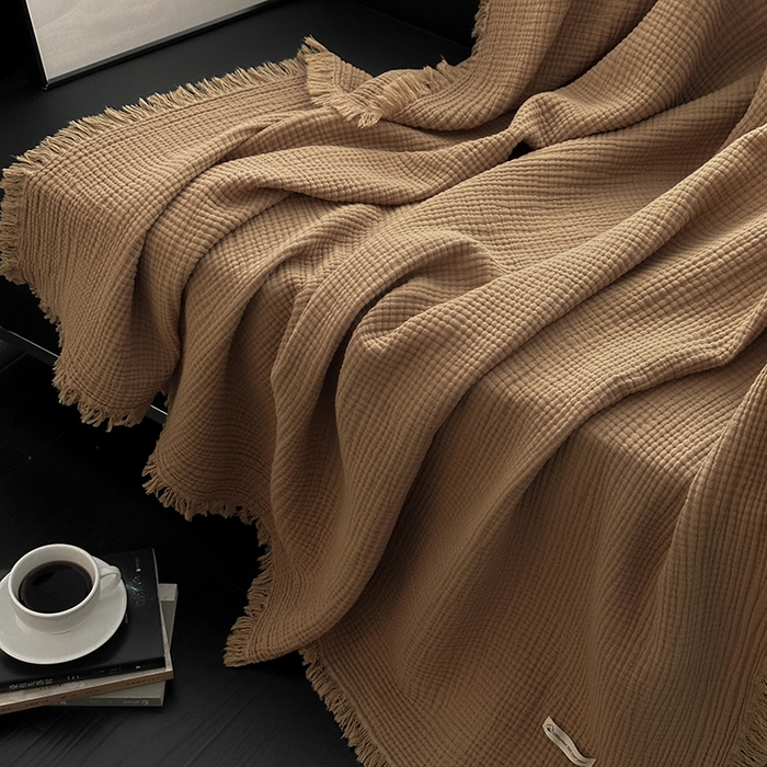 91家纺网 家纺一手货源 找家纺 山舍家居 2025年全棉四层纱布流苏盖毯夏被沙发巾 豆蔻