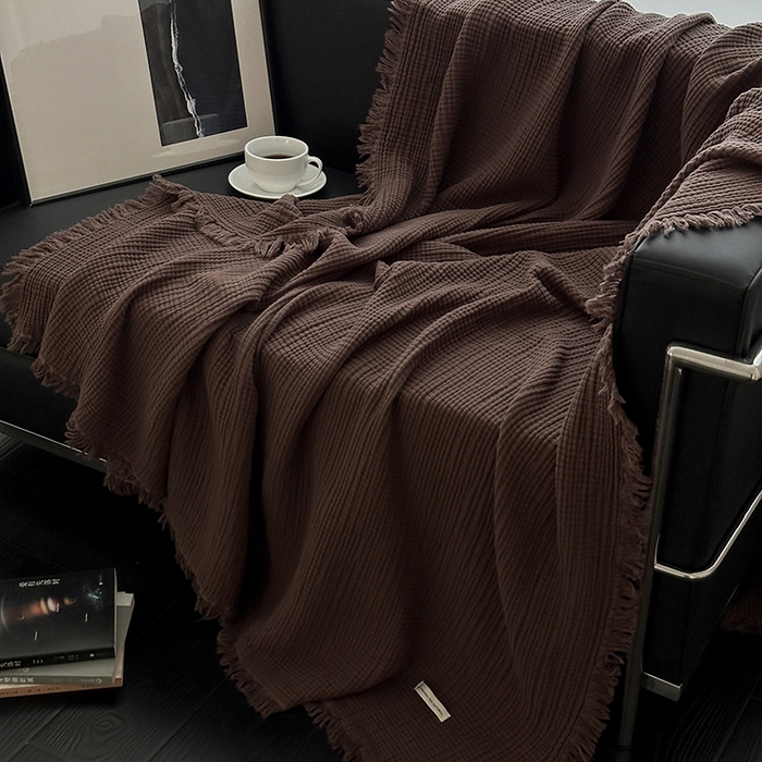 91家纺网 家纺一手货源 找家纺 山舍家居 2025年全棉四层纱布流苏盖毯夏被沙发巾 陶泥