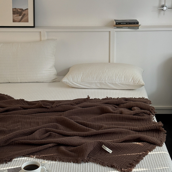 91家纺网 家纺一手货源 找家纺 山舍家居 2025年全棉四层纱布流苏盖毯夏被沙发巾 陶泥