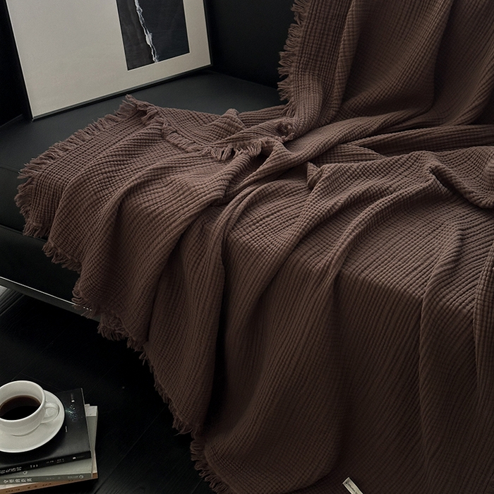 91家纺网 家纺一手货源 找家纺 山舍家居 2025年全棉四层纱布流苏盖毯夏被沙发巾 陶泥