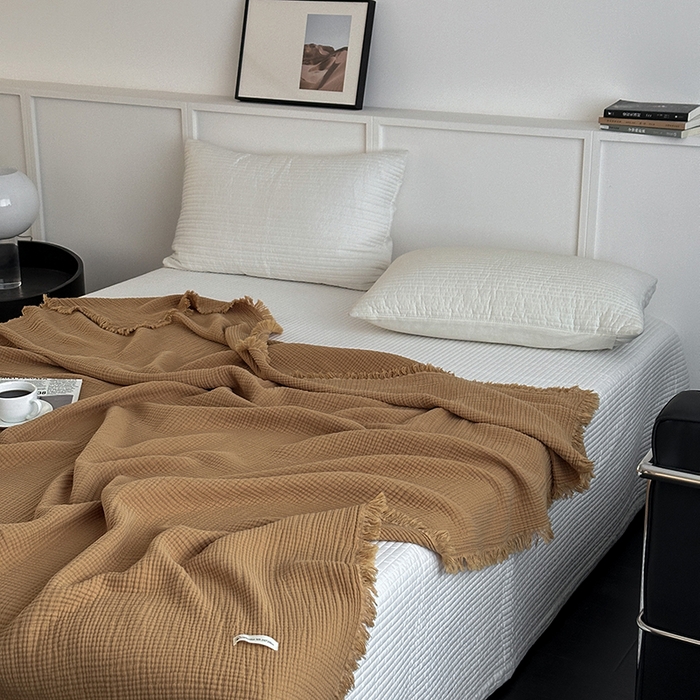 91家纺网 家纺一手货源 找家纺 山舍家居 2025年全棉四层纱布流苏盖毯夏被沙发巾 豆蔻