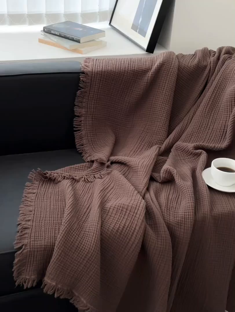 91家纺网 家纺一手货源 找家纺 山舍家居 2025年全棉四层纱布流苏盖毯夏被沙发巾 陶泥