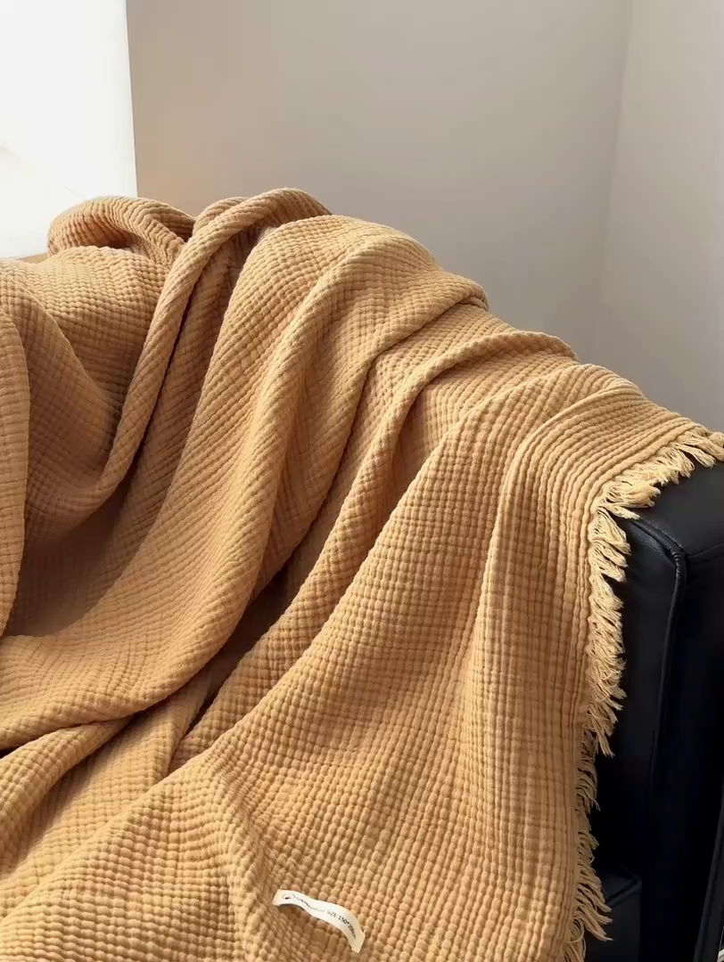 91家纺网 家纺一手货源 找家纺 山舍家居 2025年全棉四层纱布流苏盖毯夏被沙发巾 豆蔻