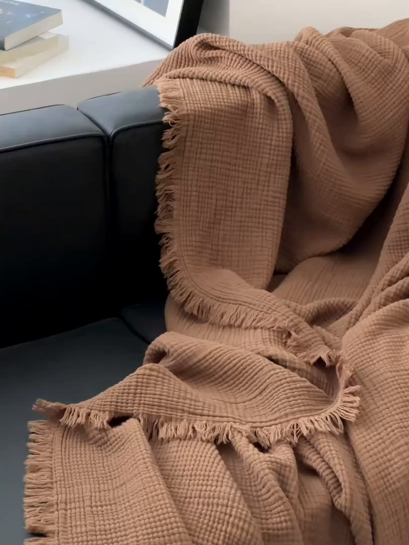 91家纺网 家纺一手货源 找家纺 （总）山舍家居 2025年全棉四层纱布流苏盖毯夏被沙发巾