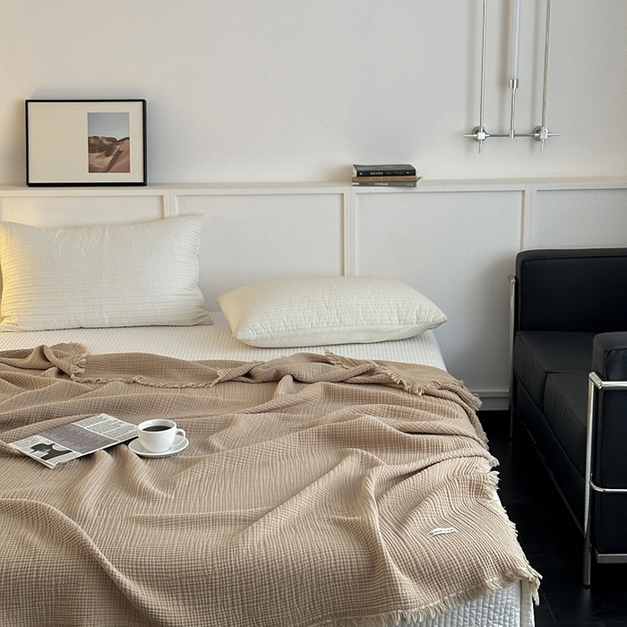 91家纺网 家纺一手货源 找家纺 山舍家居 2025年全棉四层纱布流苏盖毯夏被沙发巾 咖喱