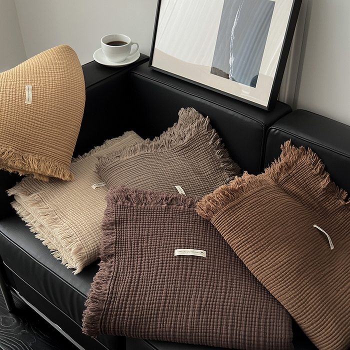 91家纺网 家纺一手货源 找家纺 山舍家居 2025年全棉四层纱布流苏盖毯夏被沙发巾 组合图仅供参考