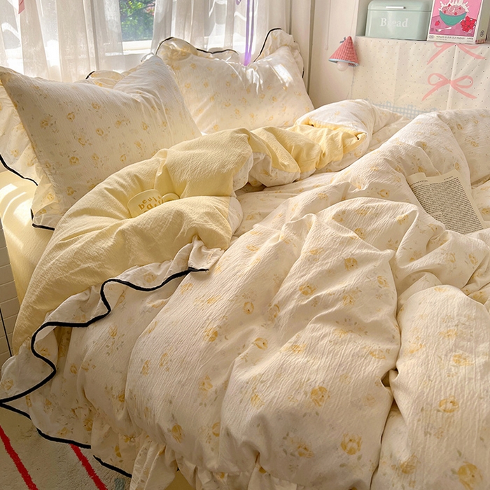 91家纺网 家纺一手货源 找家纺 （总）春光里 2025新款亲肤舒适木棉皱皱纱花边四件套