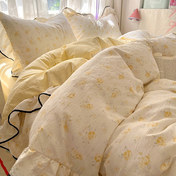 91家纺网 家纺一手货源 找家纺 （总）春光里 2025新款亲肤舒适木棉皱皱纱花边四件套