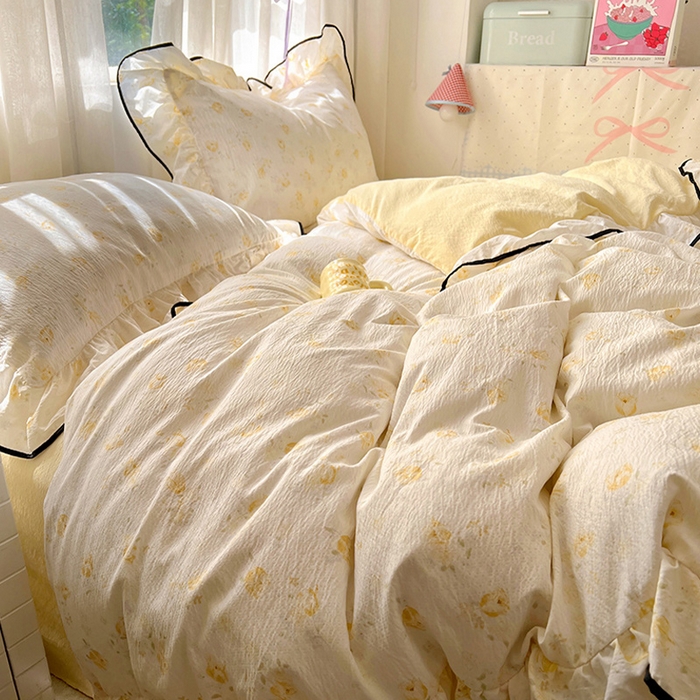 91家纺网 家纺一手货源 找家纺 （总）春光里 2025新款亲肤舒适木棉皱皱纱花边四件套