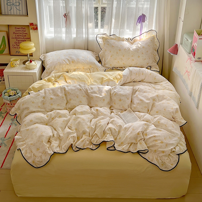 91家纺网 家纺一手货源 找家纺 （总）春光里 2025新款亲肤舒适木棉皱皱纱花边四件套