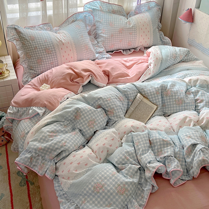 91家纺网 家纺一手货源 找家纺 春光里 2025新款亲肤舒适木棉皱皱纱花边四件套 梦境织格