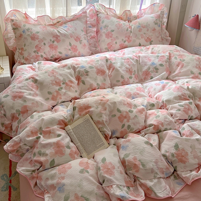 91家纺网 家纺一手货源 找家纺 春光里 2025新款亲肤舒适木棉皱皱纱花边四件套 旧梦蔷薇