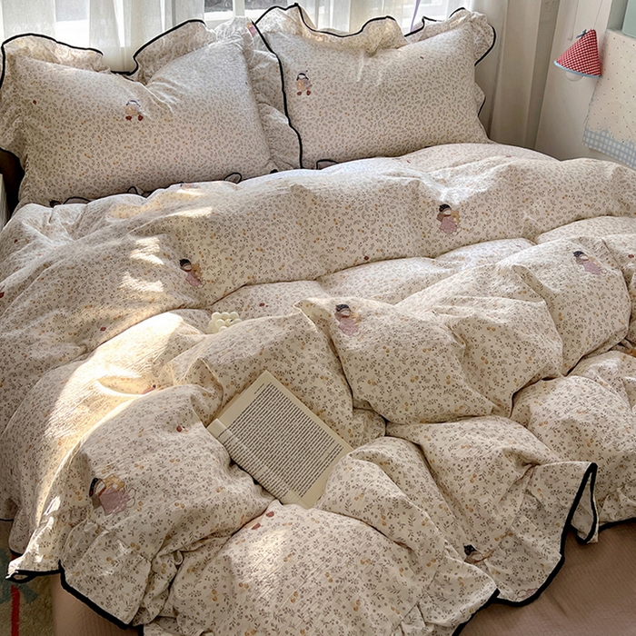 91家纺网 家纺一手货源 找家纺 春光里 2025新款亲肤舒适木棉皱皱纱花边四件套 桃乐丝