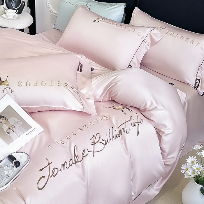 91家纺网 家纺一手货源 找家纺 （总） 2025新款夏季爆款A类兰精天丝四件套真丝重工刺绣丝滑裸睡床单床笠轻奢风纯色简约床上用品