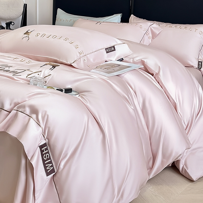 91家纺网 家纺一手货源 找家纺 （总） 2025新款夏季爆款A类兰精天丝四件套真丝重工刺绣丝滑裸睡床单床笠轻奢风纯色简约床上用品