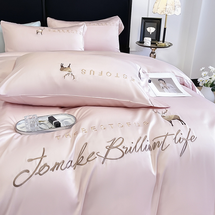 91家纺网 家纺一手货源 找家纺 （总） 2025新款夏季爆款A类兰精天丝四件套真丝重工刺绣丝滑裸睡床单床笠轻奢风纯色简约床上用品