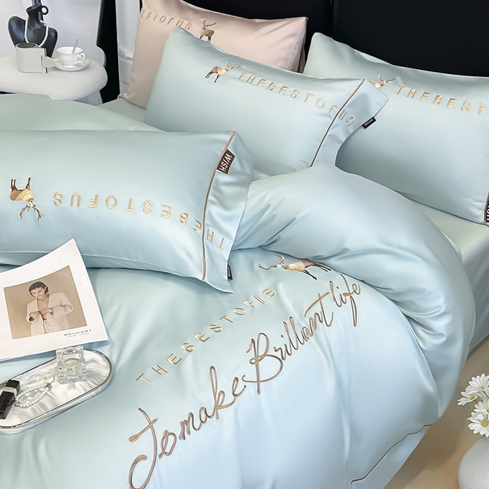 91家纺网 家纺一手货源 找家纺 2025新款夏季爆款A类兰精天丝四件套真丝重工刺绣丝滑裸睡床单床笠轻奢风纯色简约床上用品 妮鹿-薄荷绿