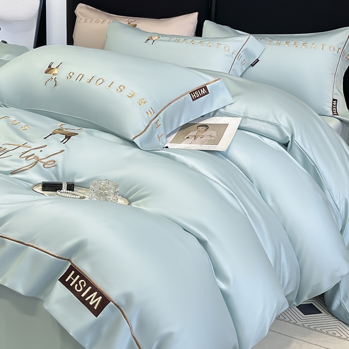 91家纺网 家纺一手货源 找家纺 2025新款夏季爆款A类兰精天丝四件套真丝重工刺绣丝滑裸睡床单床笠轻奢风纯色简约床上用品 妮鹿-薄荷绿