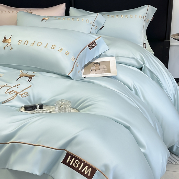 91家纺网 家纺一手货源 找家纺 2025新款夏季爆款A类兰精天丝四件套真丝重工刺绣丝滑裸睡床单床笠轻奢风纯色简约床上用品 妮鹿-薄荷绿