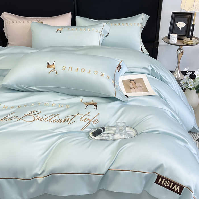 2025新款夏季爆款A类兰精天丝四件套真丝重工刺绣丝滑裸睡床单床笠轻奢风纯色简约床上用品 妮鹿-薄荷绿