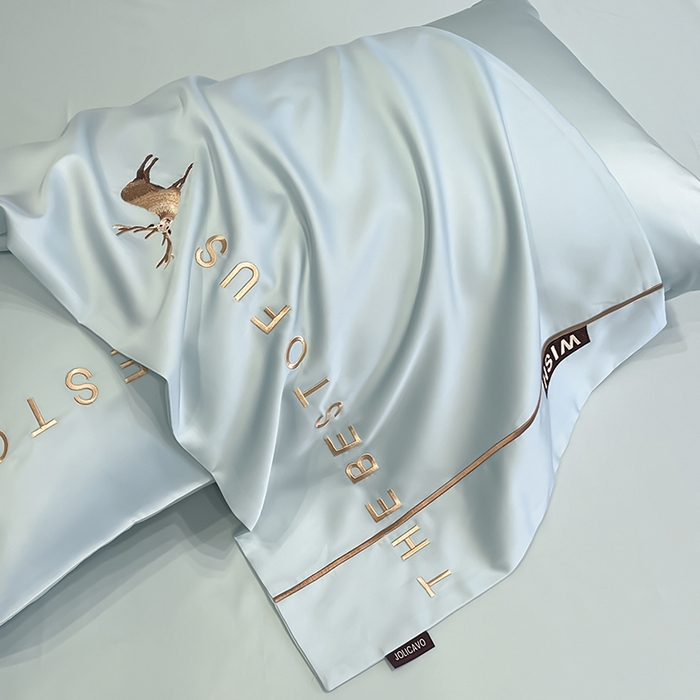 91家纺网 家纺一手货源 找家纺 2025新款夏季爆款A类兰精天丝四件套真丝重工刺绣丝滑裸睡床单床笠轻奢风纯色简约床上用品 妮鹿-薄荷绿