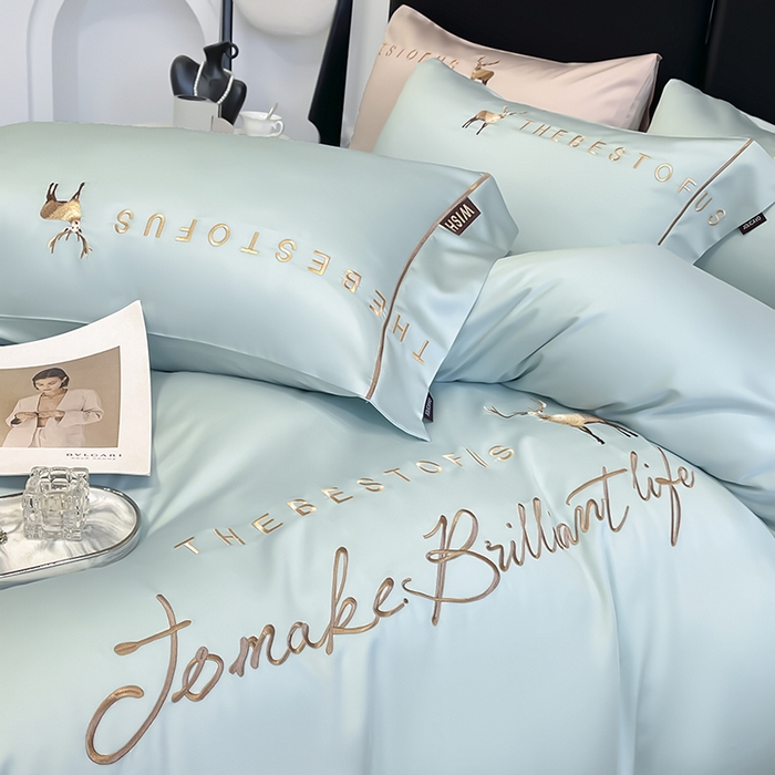 91家纺网 家纺一手货源 找家纺 2025新款夏季爆款A类兰精天丝四件套真丝重工刺绣丝滑裸睡床单床笠轻奢风纯色简约床上用品 妮鹿-薄荷绿