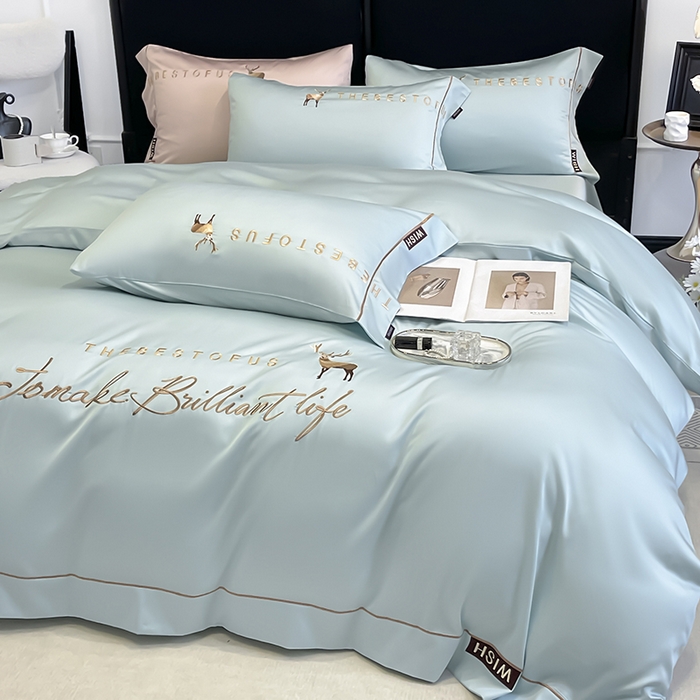 91家纺网 家纺一手货源 找家纺 2025新款夏季爆款A类兰精天丝四件套真丝重工刺绣丝滑裸睡床单床笠轻奢风纯色简约床上用品 妮鹿-薄荷绿