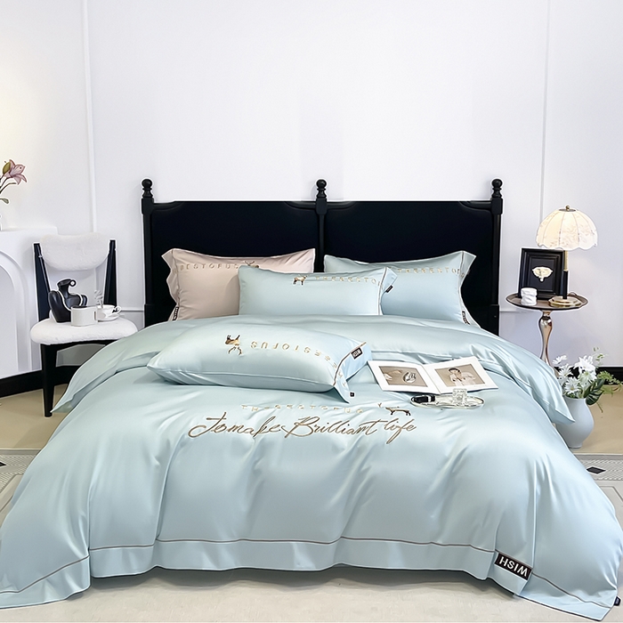 91家纺网 家纺一手货源 找家纺 2025新款夏季爆款A类兰精天丝四件套真丝重工刺绣丝滑裸睡床单床笠轻奢风纯色简约床上用品 妮鹿-薄荷绿