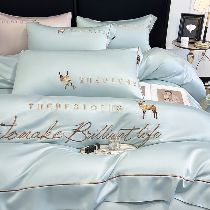 91家纺网 家纺一手货源 找家纺 2025新款夏季爆款A类兰精天丝四件套真丝重工刺绣丝滑裸睡床单床笠轻奢风纯色简约床上用品 妮鹿-薄荷绿