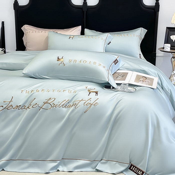 91家纺网 家纺一手货源 找家纺 2025新款夏季爆款A类兰精天丝四件套真丝重工刺绣丝滑裸睡床单床笠轻奢风纯色简约床上用品 妮鹿-薄荷绿