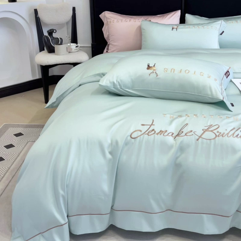 91家纺网 家纺一手货源 找家纺 2025新款夏季爆款A类兰精天丝四件套真丝重工刺绣丝滑裸睡床单床笠轻奢风纯色简约床上用品 妮鹿-薄荷绿