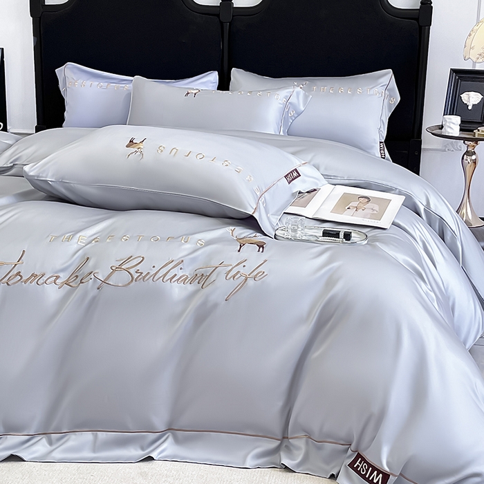 91家纺网 家纺一手货源 找家纺 2025新款夏季爆款A类兰精天丝四件套真丝重工刺绣丝滑裸睡床单床笠轻奢风纯色简约床上用品 妮鹿-朦胧灰