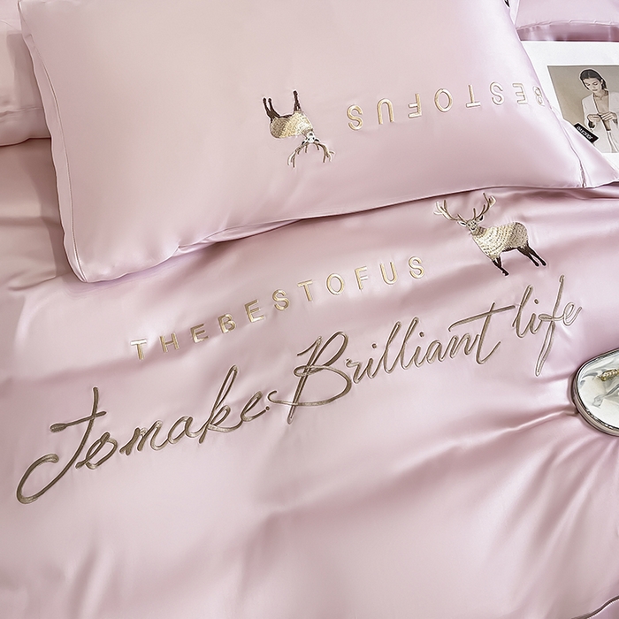 91家纺网 家纺一手货源 找家纺 2025新款夏季爆款A类兰精天丝四件套真丝重工刺绣丝滑裸睡床单床笠轻奢风纯色简约床上用品 妮鹿-太妃粉