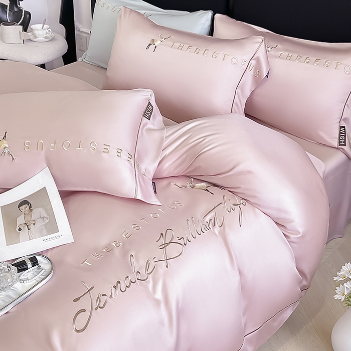 91家纺网 家纺一手货源 找家纺 2025新款夏季爆款A类兰精天丝四件套真丝重工刺绣丝滑裸睡床单床笠轻奢风纯色简约床上用品 妮鹿-太妃粉