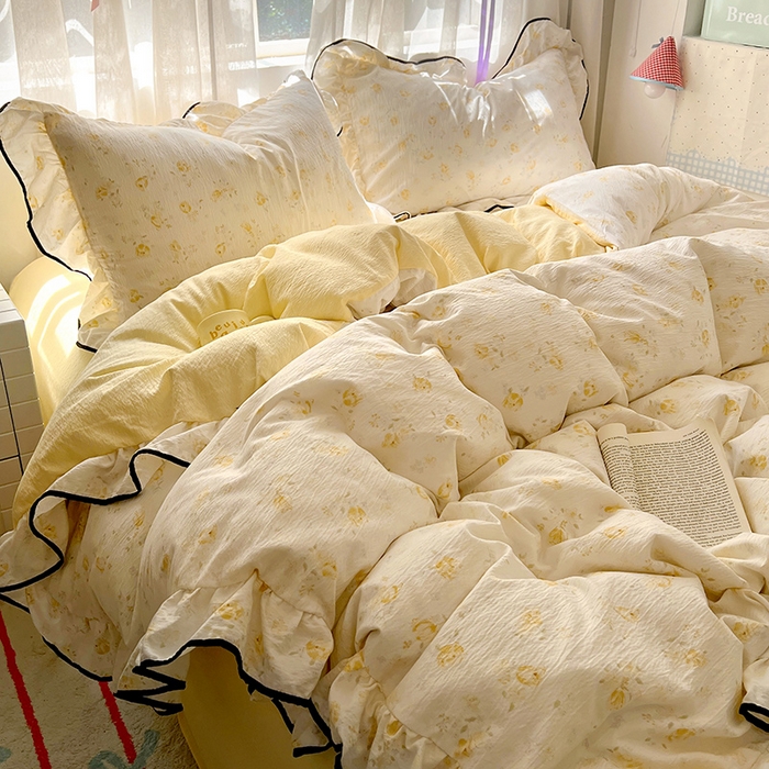 91家纺网 家纺一手货源 找家纺 春光里 2025新款亲肤舒适木棉皱皱纱花边四件套 莹光