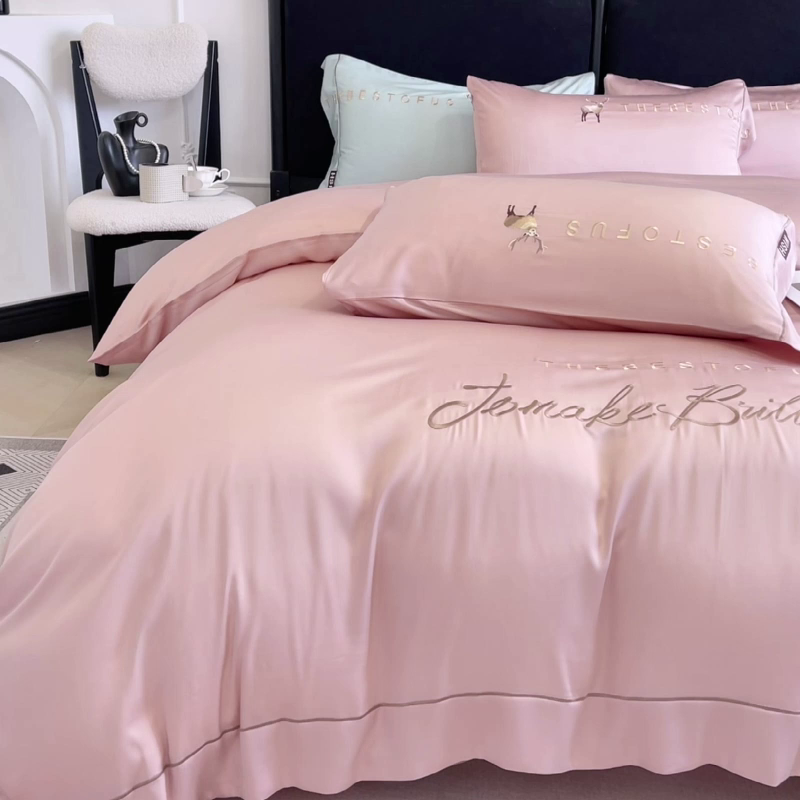 91家纺网 家纺一手货源 找家纺 2025新款夏季爆款A类兰精天丝四件套真丝重工刺绣丝滑裸睡床单床笠轻奢风纯色简约床上用品 妮鹿-太妃粉