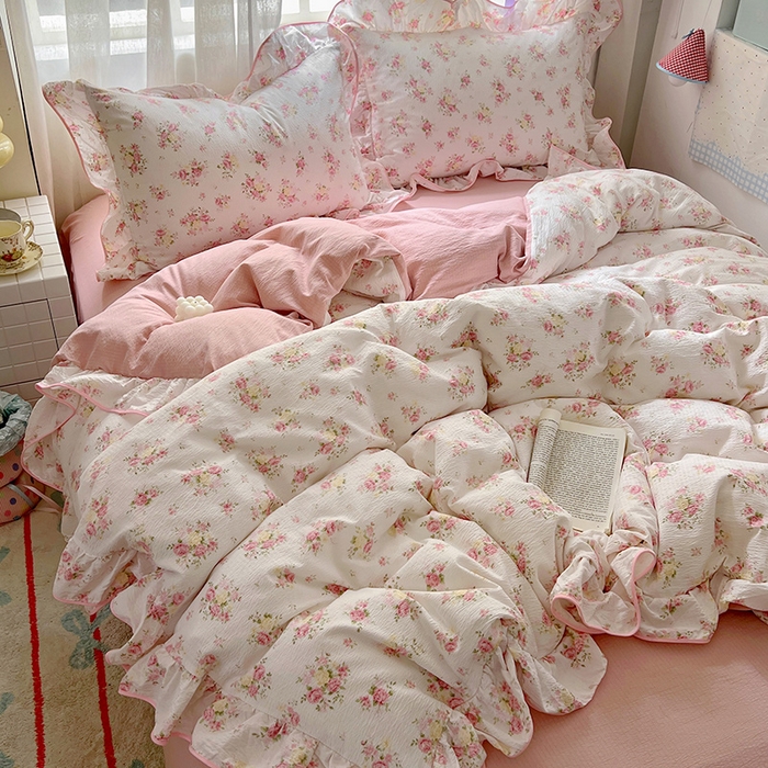 春光里 2025新款亲肤舒适木棉皱皱纱花边四件套 夭夭