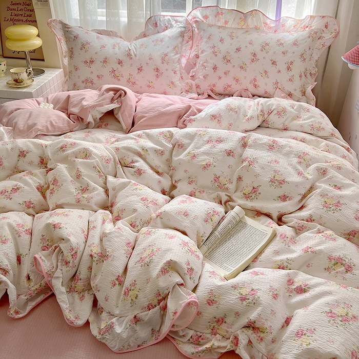 91家纺网 家纺一手货源 找家纺 春光里 2025新款亲肤舒适木棉皱皱纱花边四件套 夭夭