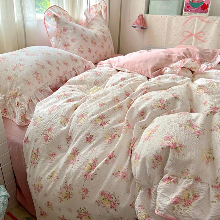 91家纺网 家纺一手货源 找家纺 春光里 2025新款亲肤舒适木棉皱皱纱花边四件套 夭夭