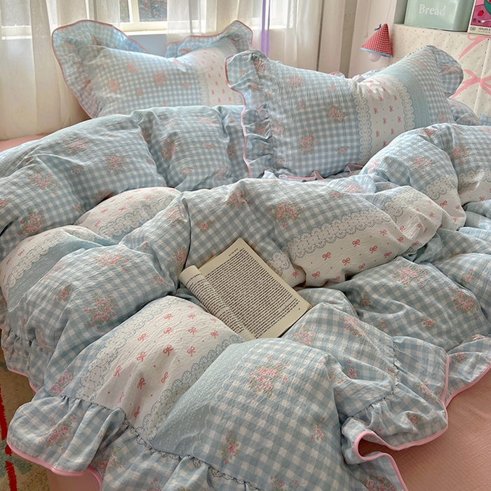 91家纺网 家纺一手货源 找家纺 春光里 2025新款亲肤舒适木棉皱皱纱花边四件套 梦境织格