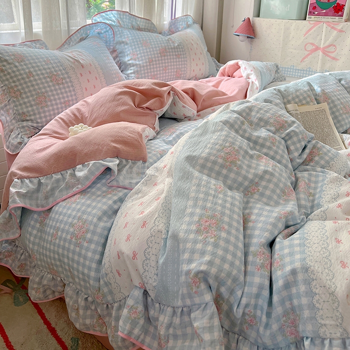 91家纺网 家纺一手货源 找家纺 春光里 2025新款亲肤舒适木棉皱皱纱花边四件套 梦境织格