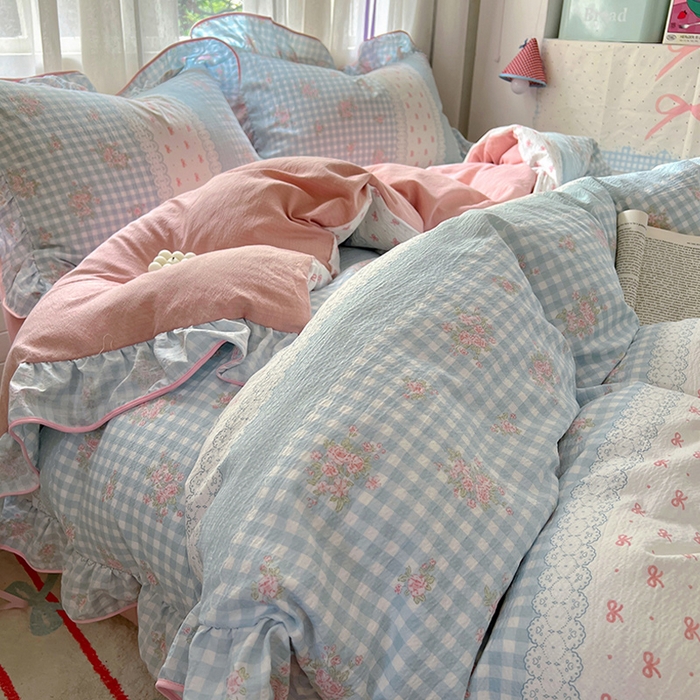 91家纺网 家纺一手货源 找家纺 春光里 2025新款亲肤舒适木棉皱皱纱花边四件套 梦境织格