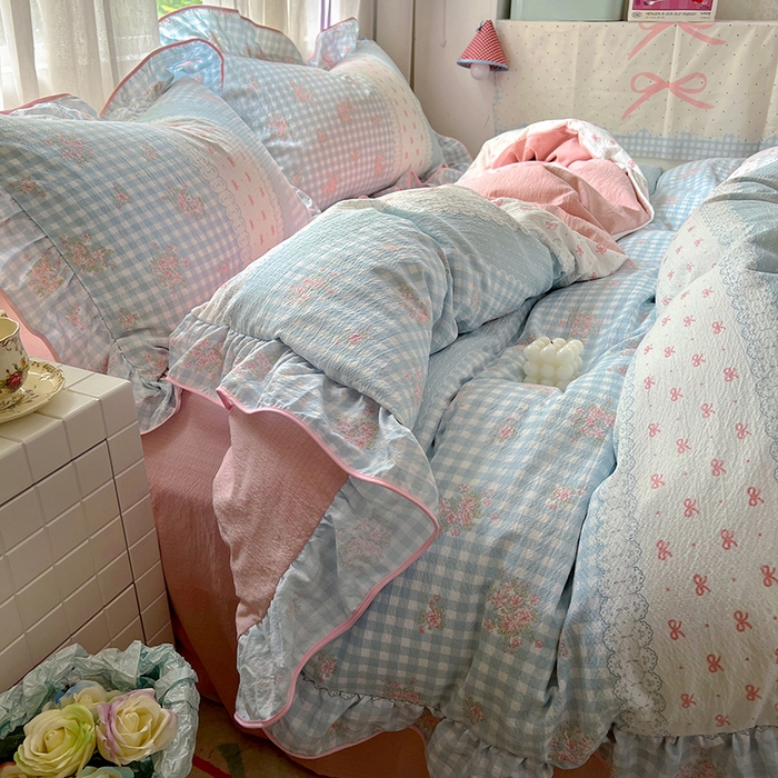 91家纺网 家纺一手货源 找家纺 春光里 2025新款亲肤舒适木棉皱皱纱花边四件套 梦境织格