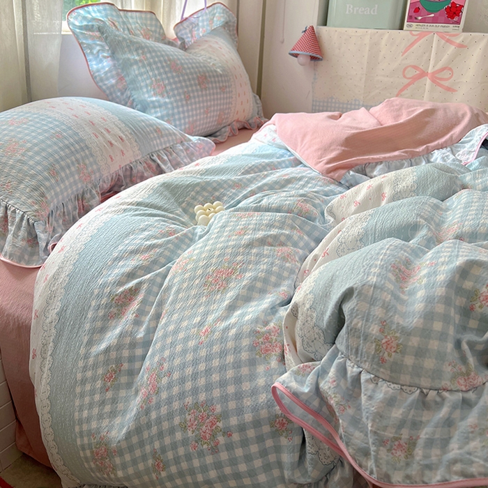 91家纺网 家纺一手货源 找家纺 春光里 2025新款亲肤舒适木棉皱皱纱花边四件套 梦境织格