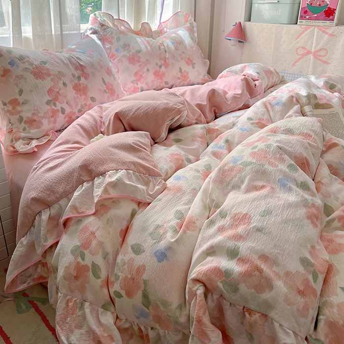 91家纺网 家纺一手货源 找家纺 春光里 2025新款亲肤舒适木棉皱皱纱花边四件套 旧梦蔷薇