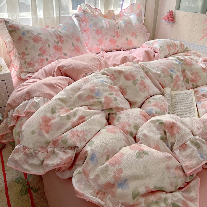 91家纺网 家纺一手货源 找家纺 春光里 2025新款亲肤舒适木棉皱皱纱花边四件套 旧梦蔷薇