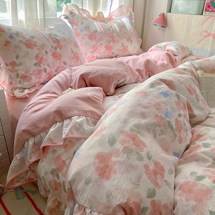 91家纺网 家纺一手货源 找家纺 春光里 2025新款亲肤舒适木棉皱皱纱花边四件套 旧梦蔷薇