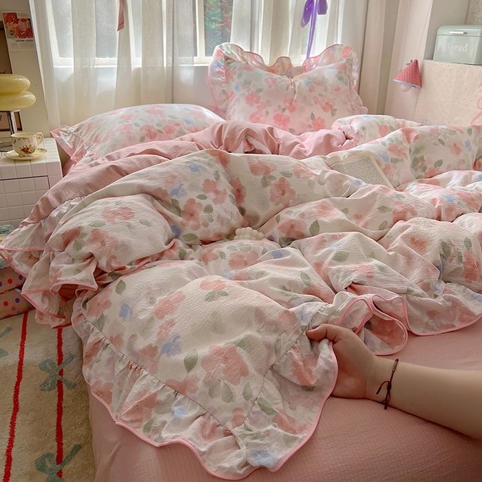 91家纺网 家纺一手货源 找家纺 春光里 2025新款亲肤舒适木棉皱皱纱花边四件套 旧梦蔷薇