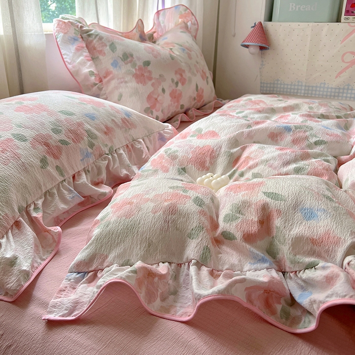 91家纺网 家纺一手货源 找家纺 春光里 2025新款亲肤舒适木棉皱皱纱花边四件套 旧梦蔷薇